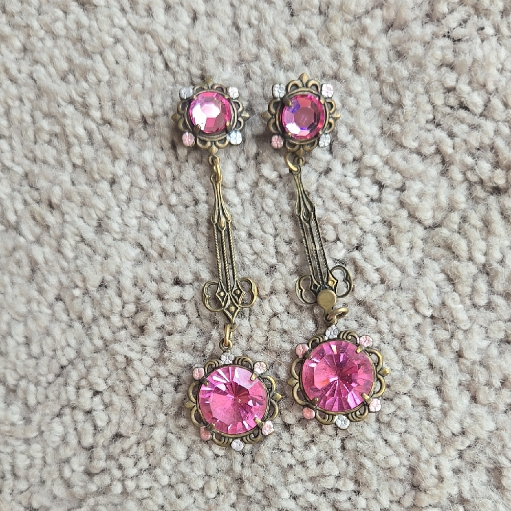 Pink Art Noveau Deco Handmade Romantic Cottage Core Floral Earrings